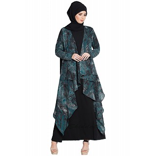 Fowling shrug double layered abaya- Black-Green